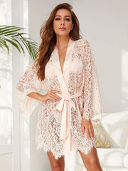 Floral Lace Night Robe Long Sleeve V Neck Belted Sleepwear