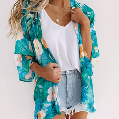 Floral Print V Neck Cover Up Shirt Loose Fit Non Stretch Half Sleeves Cardigan