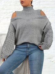 Solid Jacquard Cut Out Lantern Sleeve High Neck Sweater