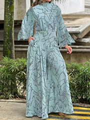 Floral Print Belt Halter Jumpsuit Long Sleeve Waist Tie Summer Jumpsuit