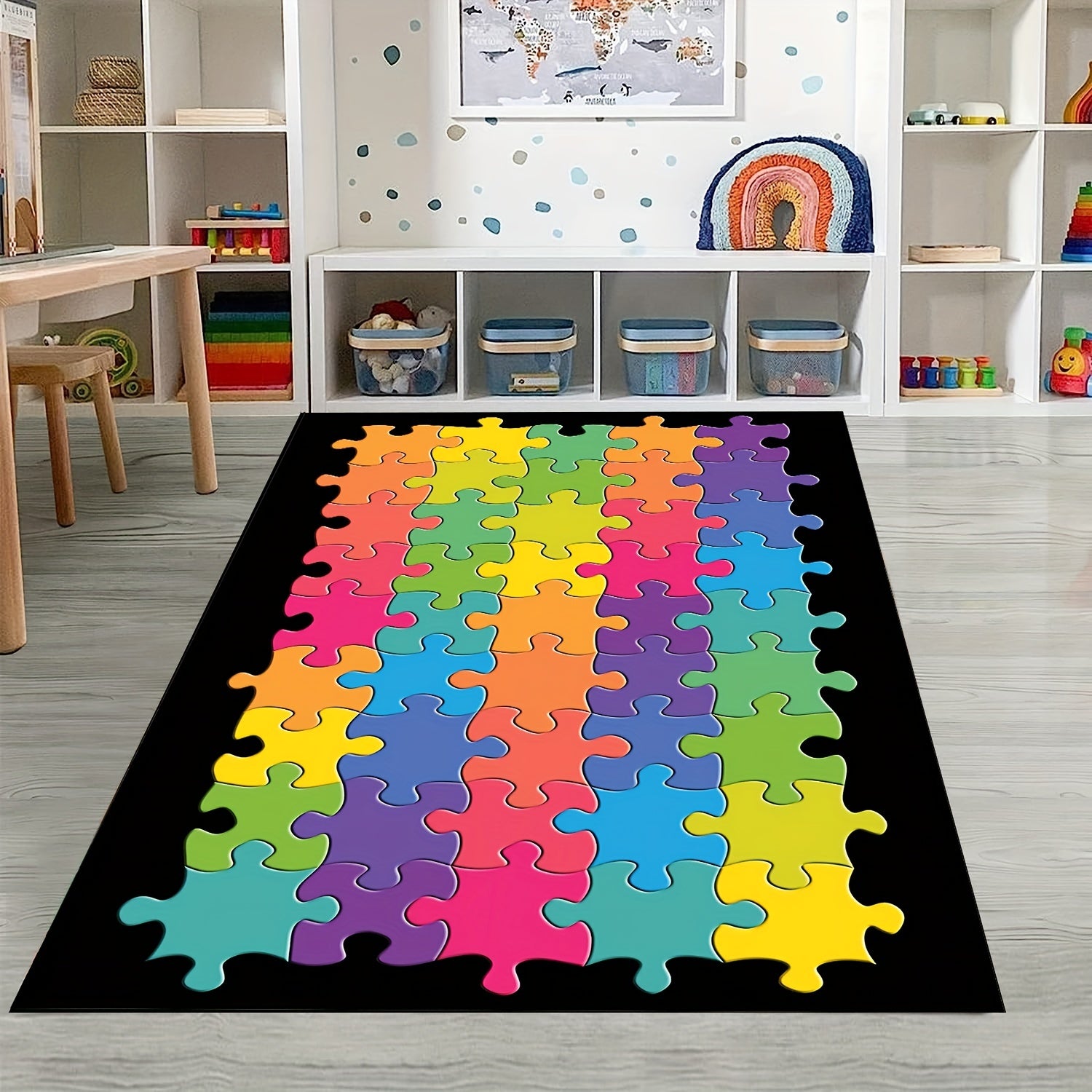 Colorful Puzzle Seating Rug for Classroom, Non Slip Backing