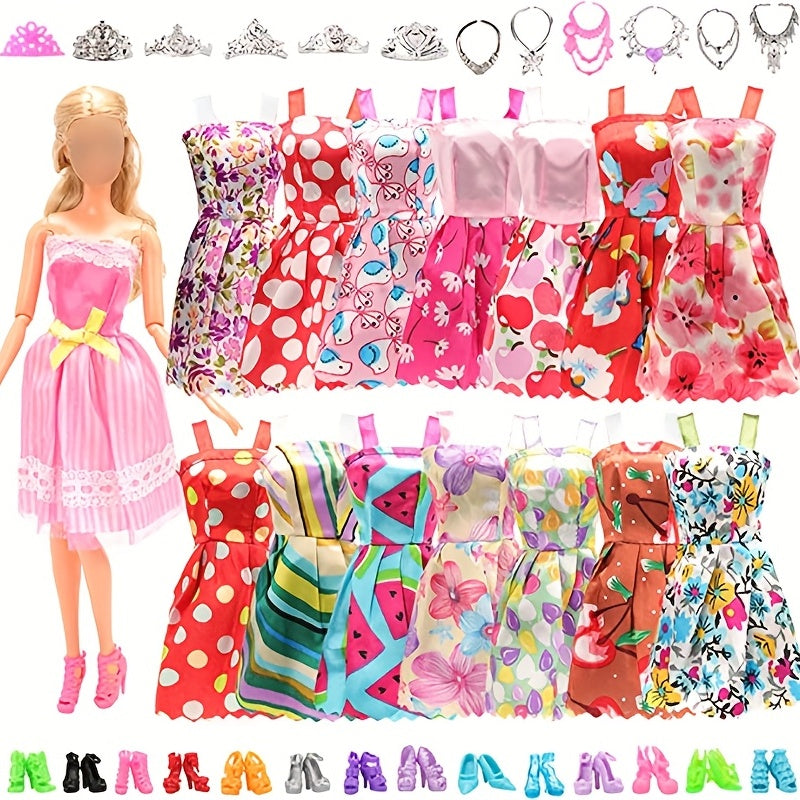 42pcs Doll Clothes Set: 10 Dresses, 10 Shoes, 6 Necklaces, 6 Crowns
