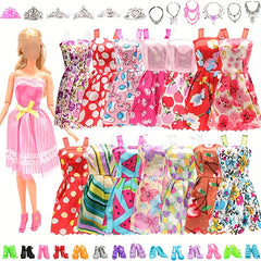 42pcs Doll Clothes Set: 10 Dresses, 10 Shoes, 6 Necklaces, 6 Crowns