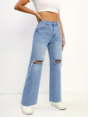 Frayed Trim Straight Jeans Boyfriend Style Wide Legs