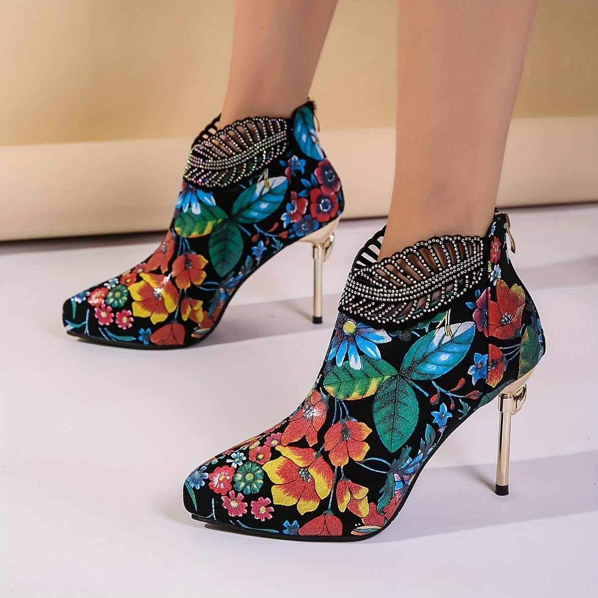 Floral Print Rhinestone Stiletto Heel Boots