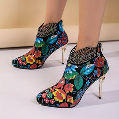 Floral Print Rhinestone Stiletto Heel Boots