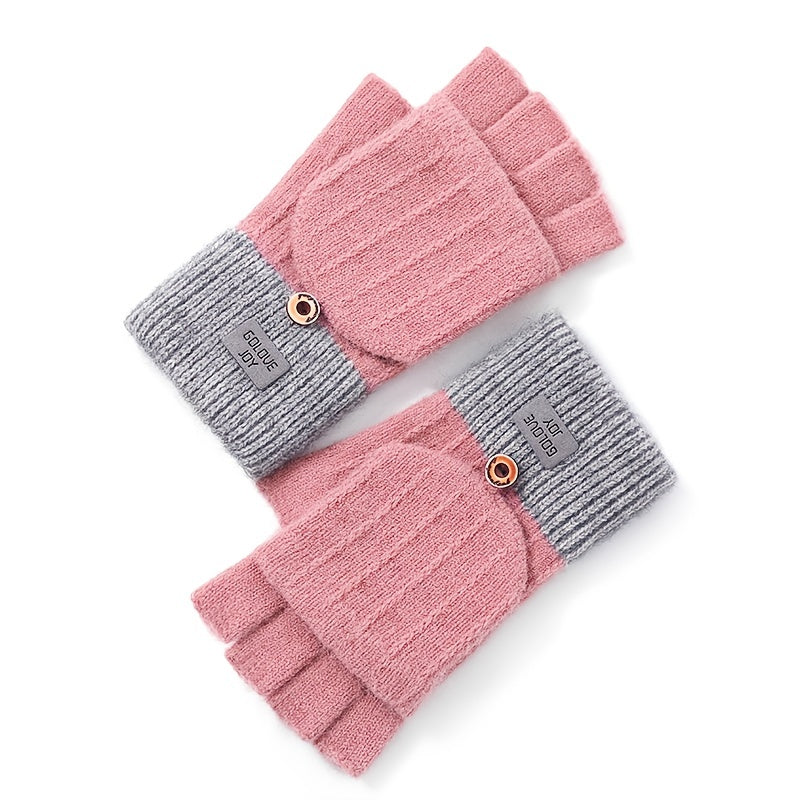 Women's Half Finger Knitted Gloves Winter Touch Screen Cartoon Flip