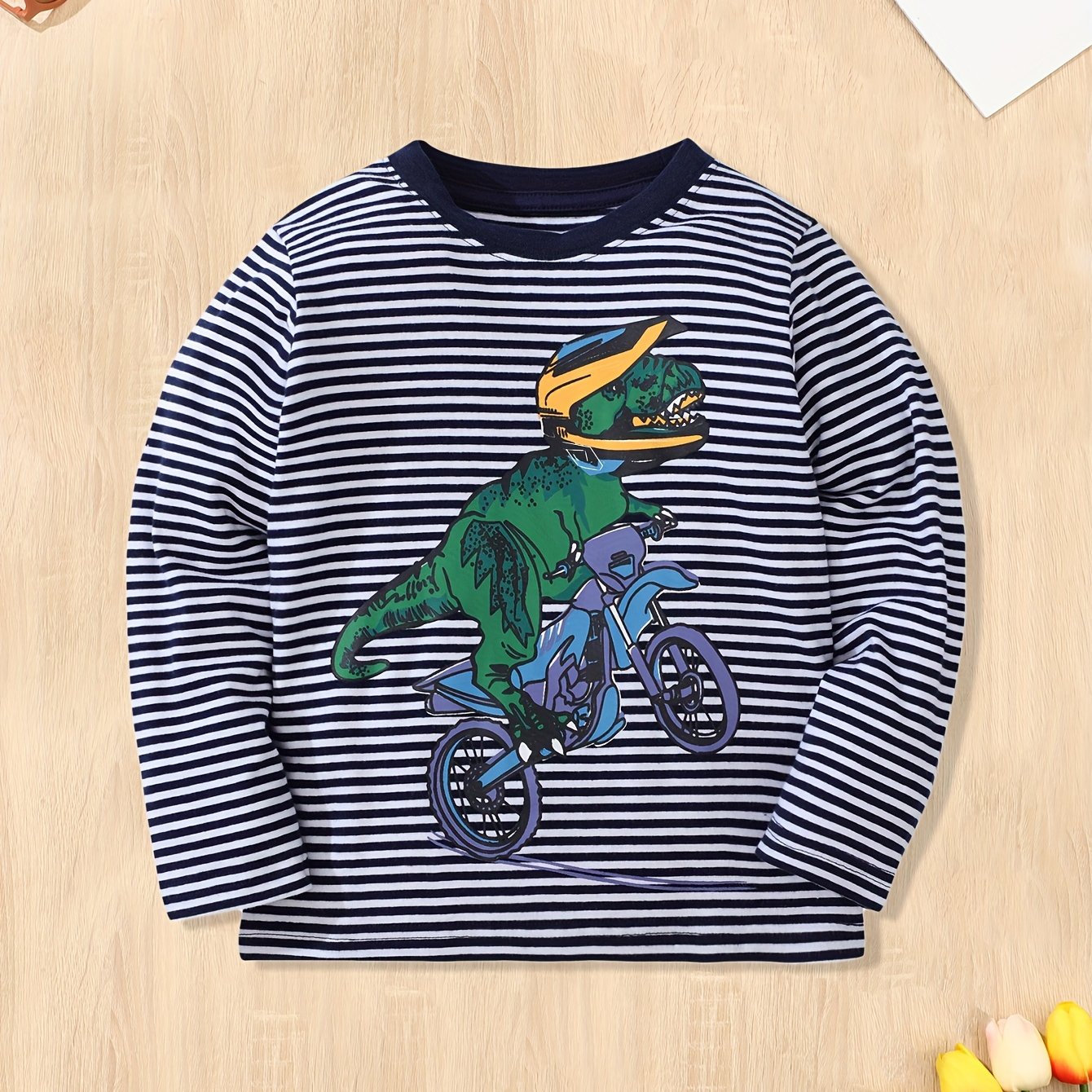 Dinosaur & Bike Print Kid's Pullover Stripe Pattern Cotton Long Sleeve Top