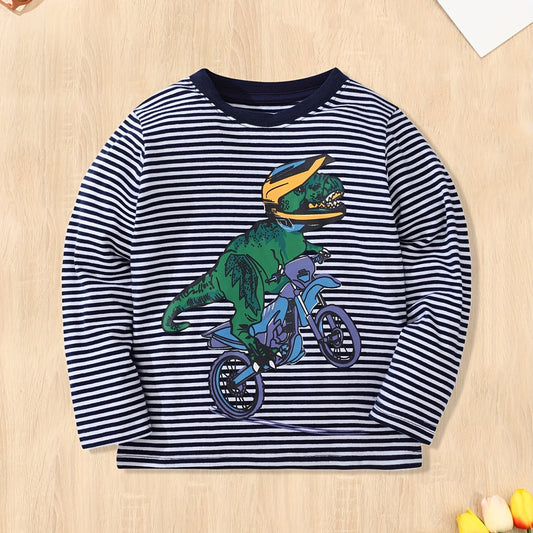 Dinosaur & Bike Print Kid's Pullover Stripe Pattern Cotton Long Sleeve Top
