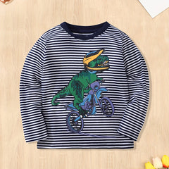 Dinosaur & Bike Print Kid's Pullover Stripe Pattern Cotton Long Sleeve Top
