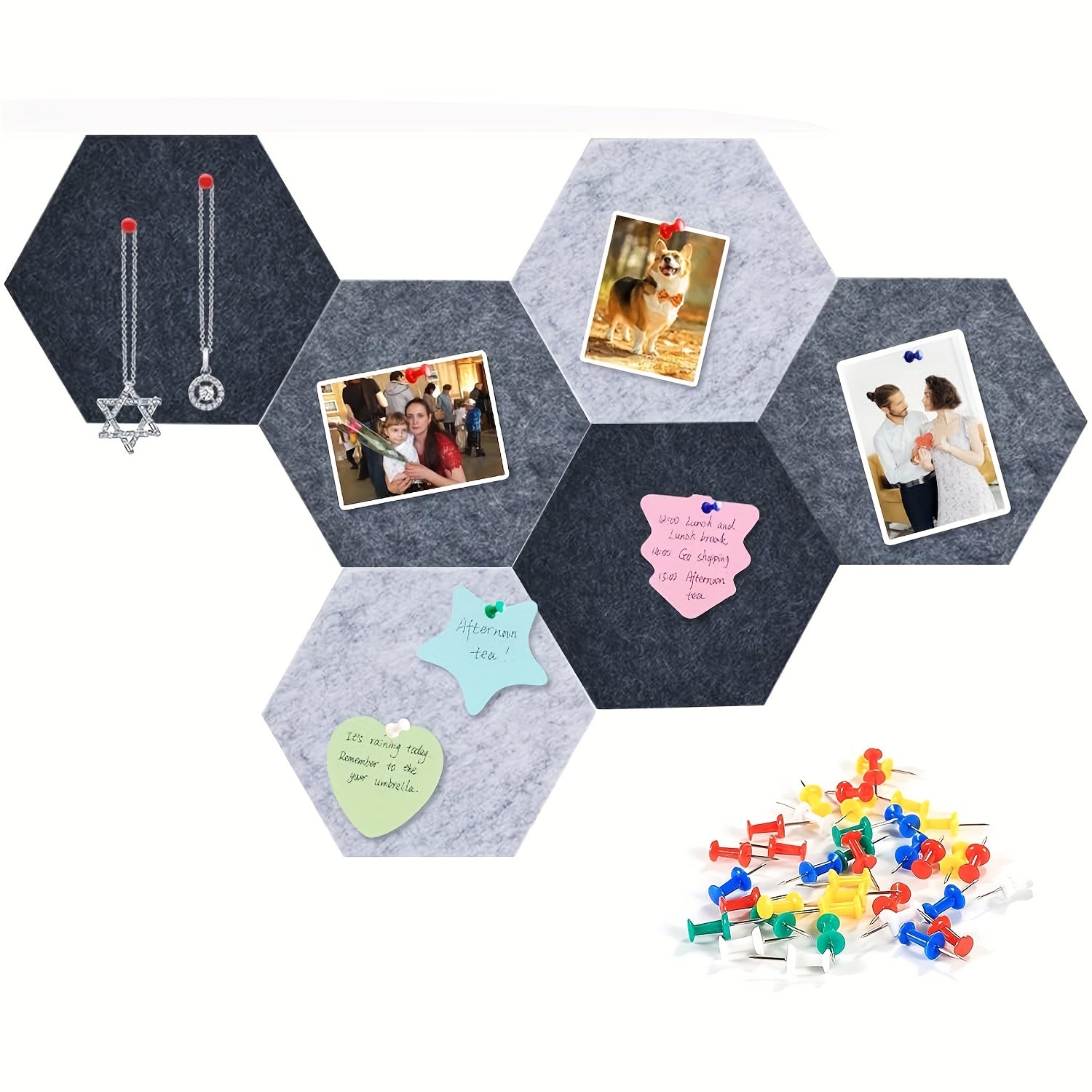6pcs Gray Hexagon Cork Board Strips with Pushpins Self Adhesive