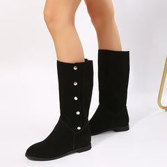 Women's Mid Calf Buckle Boots Flat Round Toe Comfort Non Slip Shoes