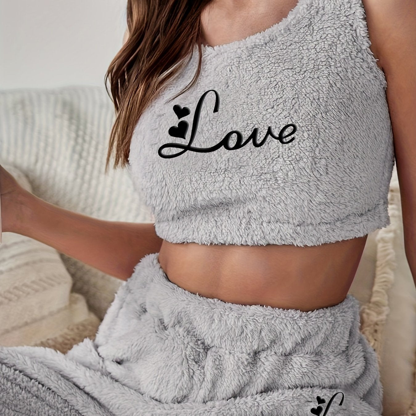 Letter Print Fuzzy Pajama Set Crew Neck Tank Top & Elastic Waistband Pants
