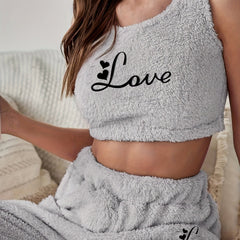 Letter Print Fuzzy Pajama Set Crew Neck Tank Top & Elastic Waistband Pants