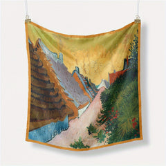 Boho Village Print Square Scarf Oil Painting Neckerchief Bandana Head Wrap