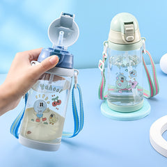 400ml Cartoon Plastic Straw Water Cup Leakproof Bottle with Shoulder Strap