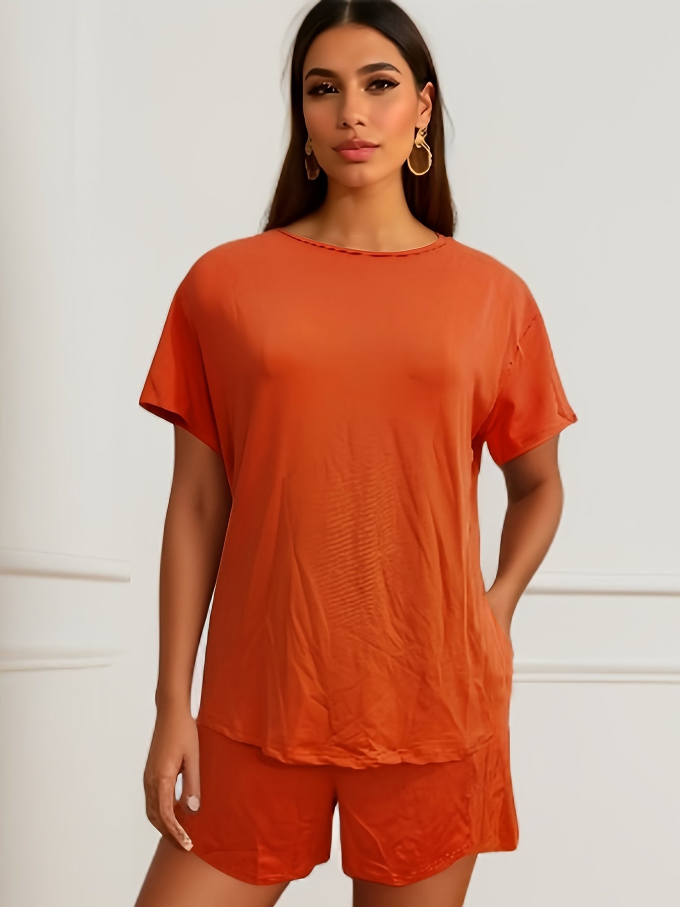 Casual Two piece Set Crew Neck Short Sleeve Tee & Shorts