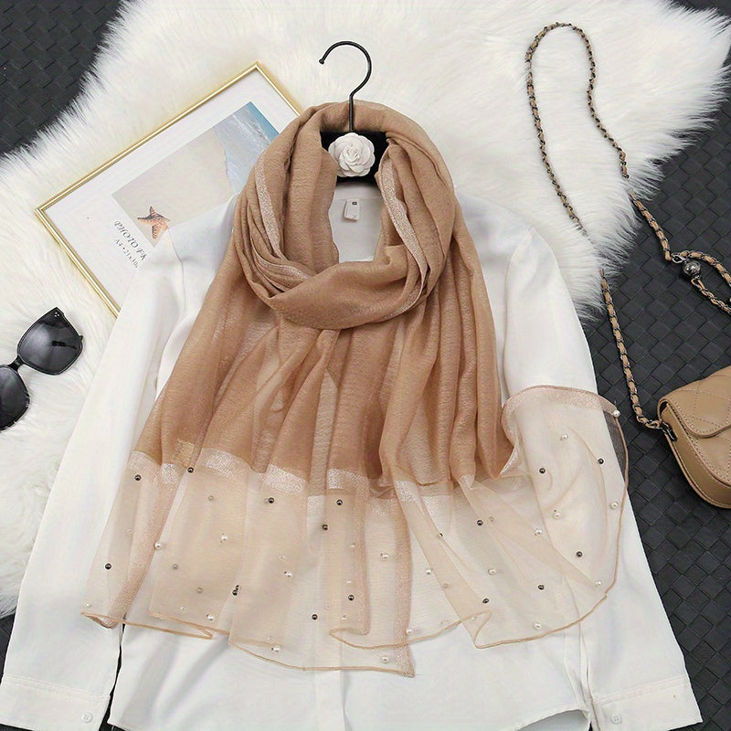 Organza Block Scarf Beads Decor Casual Shawl Women Outdoor Windproof Head Wrap