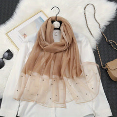 Organza Block Scarf Beads Decor Casual Shawl Women Outdoor Windproof Head Wrap