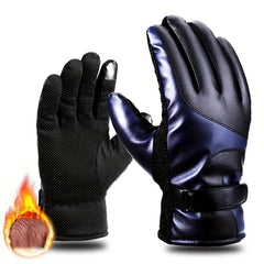 Men's Waterproof Touch Screen Leather Gloves Winter Thick Cotton Plush