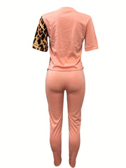 Leopard Print Two Piece Set: T-shirt & High Waist Pants