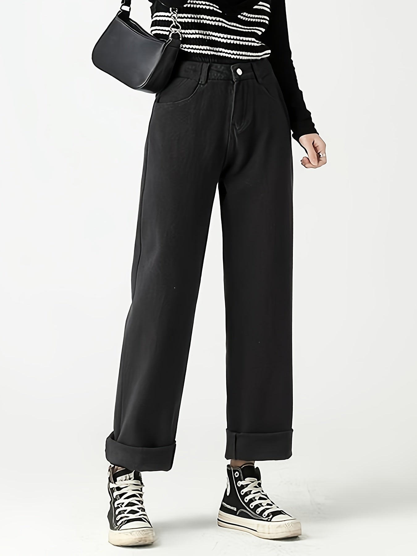 Solid Loose High Rise Denim Pants Wide Leg Jeans