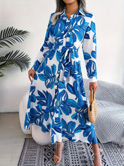 Tropical Print Long Sleeve Maxi Shirt Dress