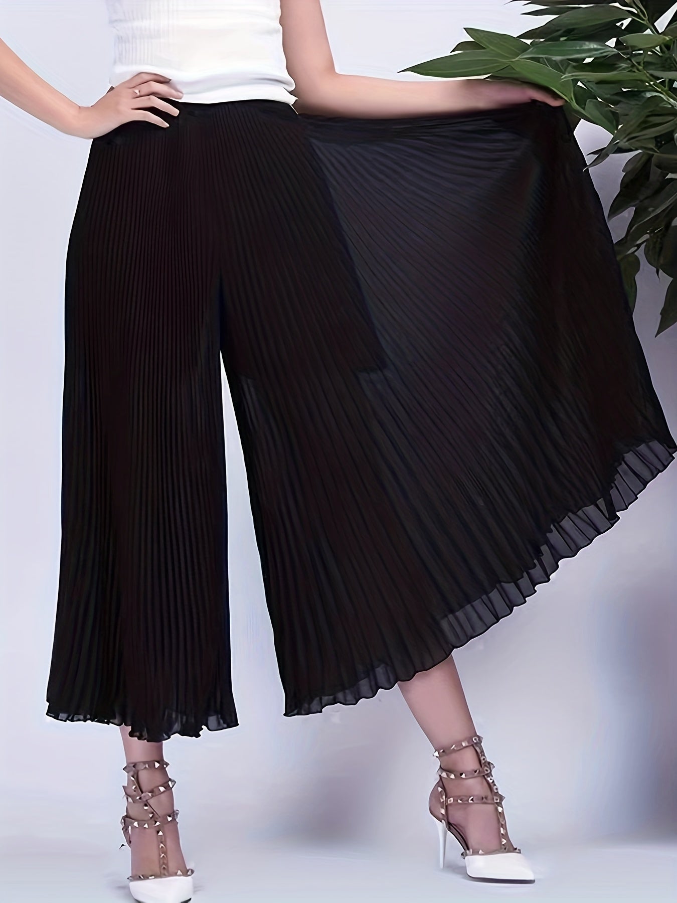 Solid Pleated Wide Leg Pants Cropped - Women's Clothing