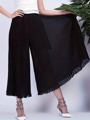 Solid Pleated Wide Leg Pants Cropped - Women's Clothing
