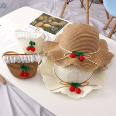 Girls Cherry Straw Sun Hat And Bag Set Lace Trim For Summer Kids