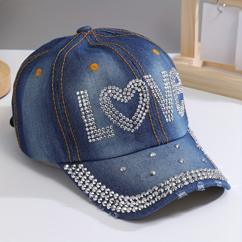 Love Rhinestone Baseball Cap Denim Sun Hat Studded Lightweight