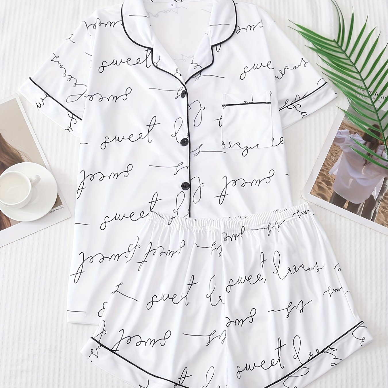 Letter Print Pajama Set Short Sleeve Top & Shorts Women's Sleepwear
