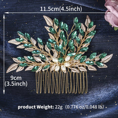 Alloy Leaf Hair Comb Vintage Green Rhinestone Bridal Hair Accessory