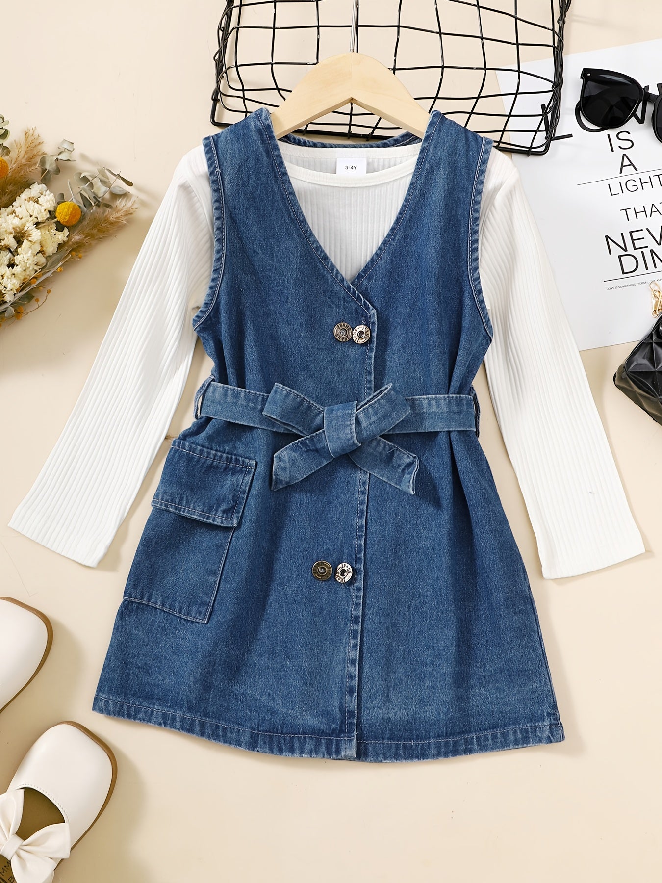 Girls Cotton Long Sleeve Top & Denim Dress With Belt