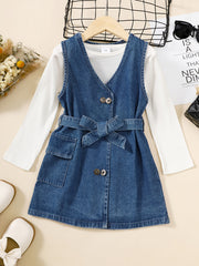 Girls Cotton Long Sleeve Top & Denim Dress With Belt
