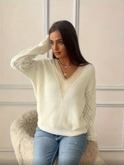 Women's Plus Colorblock Lace Long Sleeve V Neck Sweater
