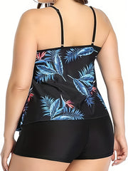 Tropical Print Ruffle Trim Tankini Set