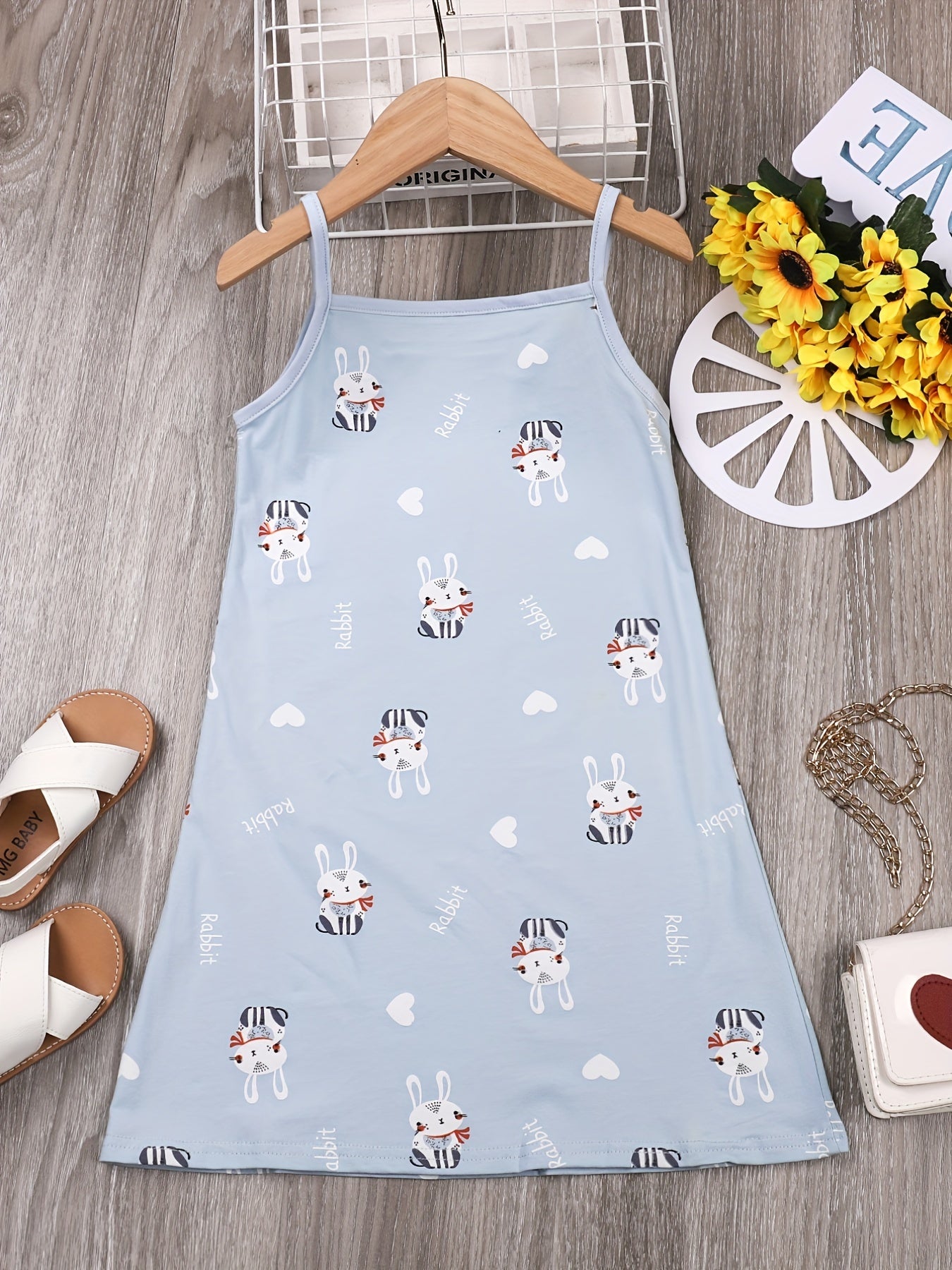 Toddler Girls Rabbit Print Cotton Sling Nightdress