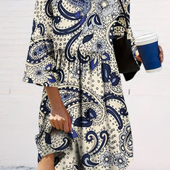 Paisley Print 3/4 Sleeve Round Neck Loose Fit Top