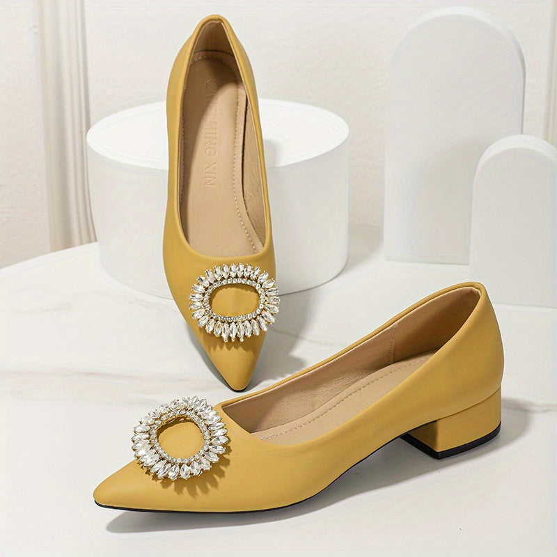 Rhinestone Decor Slip-On Block Heel Shoes Point Toe Soft Sole Glitter