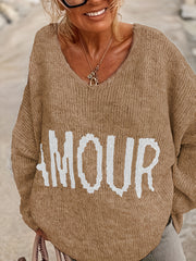 Letter Pattern V Neck Pullover Sweater Casual Long Sleeve Sweater