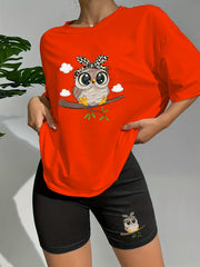 Owl Print Lounge Set Short Sleeve Crew Neck Top & Elastic Shorts