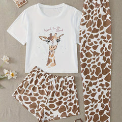 Giraffe Print Tee & Leopard Print Pajama Set
