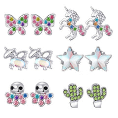 6 Pairs CZ Stud Earrings Set For Children Girls