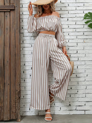 Striped Off Shoulder Crop Tops & Wide Leg Pants Set