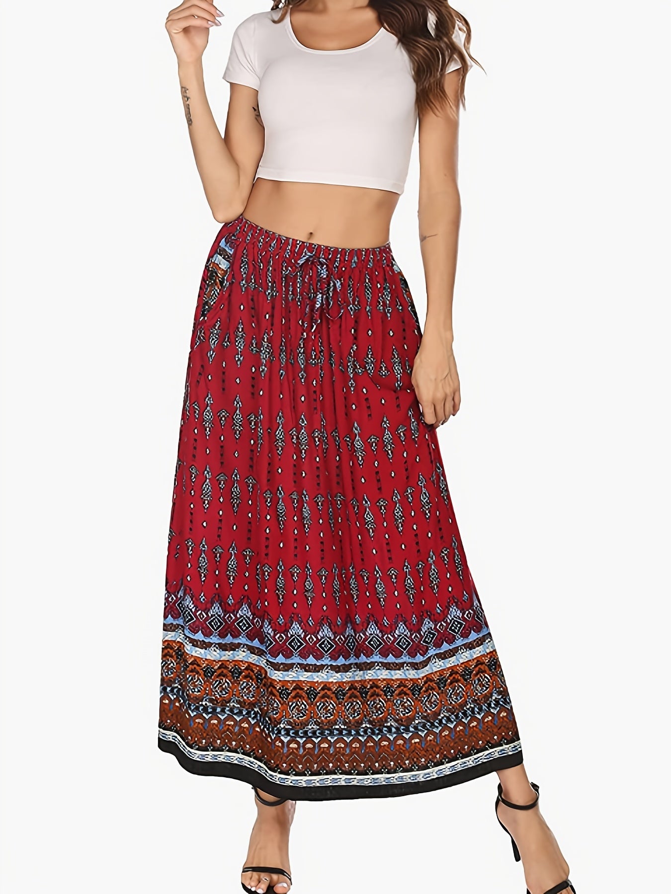 Boho Paisley Print Maxi Skirt Ethnic Elastic Waist High Stretch