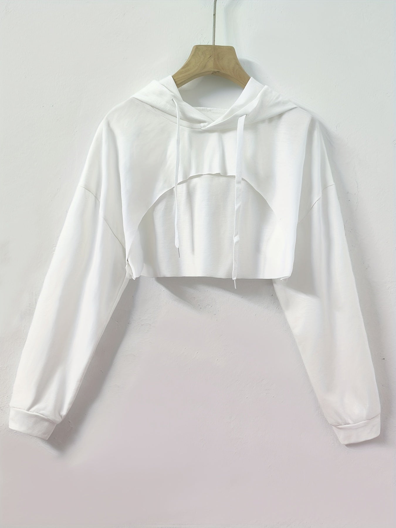 Y2K Solid Drawstring Crop Hoodie Loose Hooded Long Sleeve Crop Sweatshirt