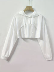 Y2K Solid Drawstring Crop Hoodie Loose Hooded Long Sleeve Crop Sweatshirt