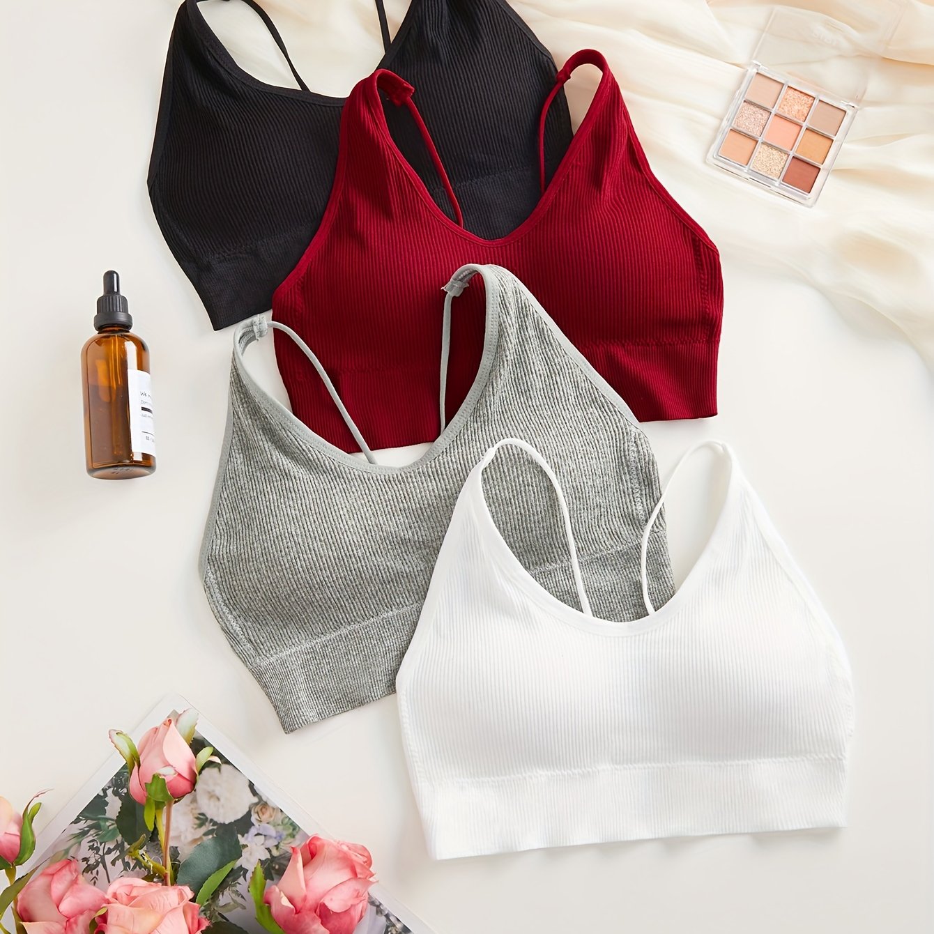 4pcs Ribbed Wireless Bras Comfy & Breathable Intimates Bra