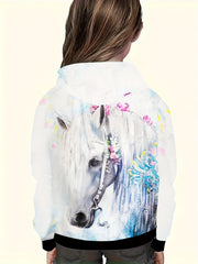 3D Flower Horse Print Hoodie Girls Pullover Spring Fall Gift